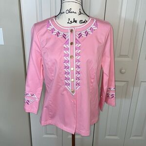 Bob Mackie Women's Pink Top Blouse Jacket, Button Front, Embroidered Size Med